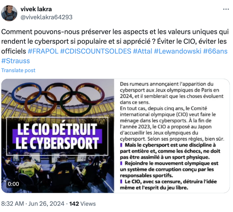 Example of one of the X posts calling out the alleged inclusion of e-sports in the Paris Olympics. (Source: @viveklakra64293/archive)